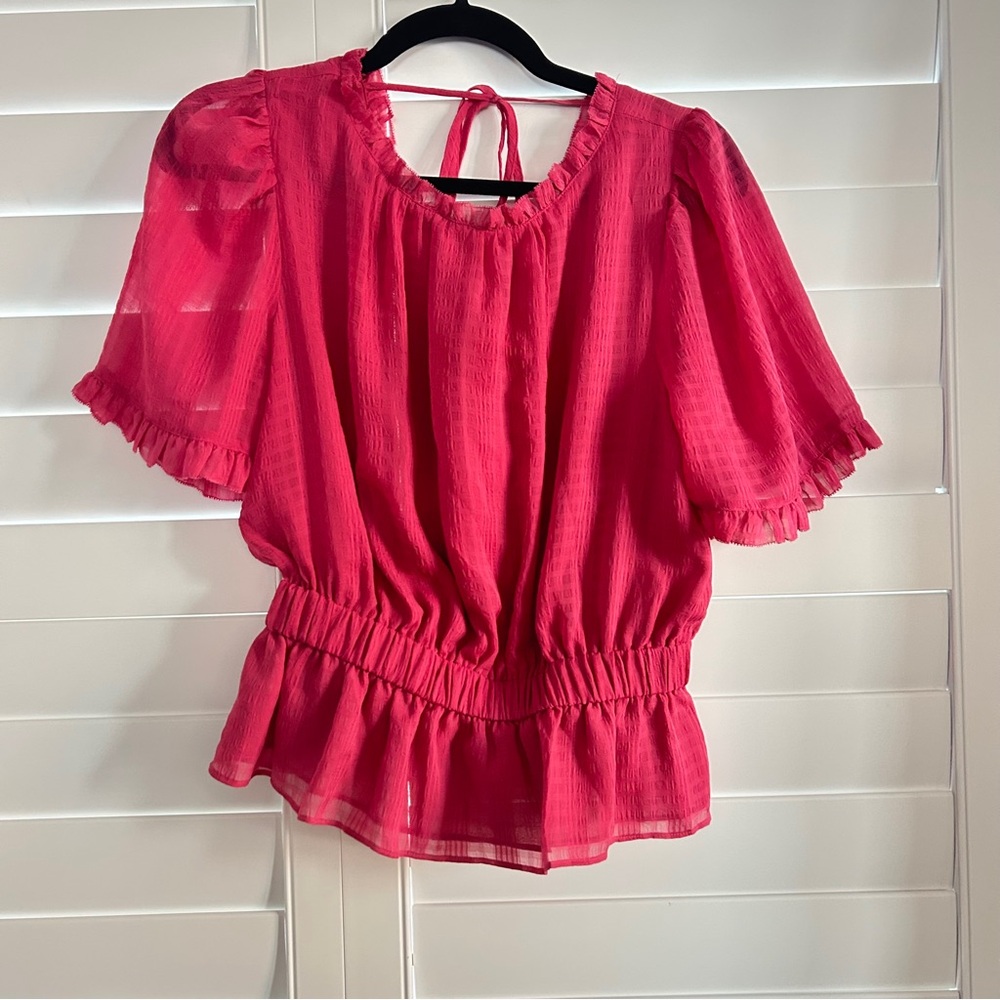Ann Taylor Peplum Ruffle Top Blouse Pink Size Small
